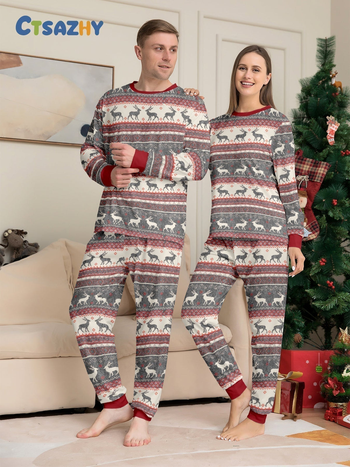 Christmas Elk Print Family Pajama Set - fabric detail