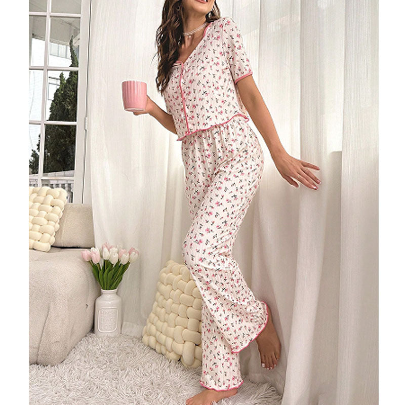New Floral Thin Style Casual Pajamas Set - front view