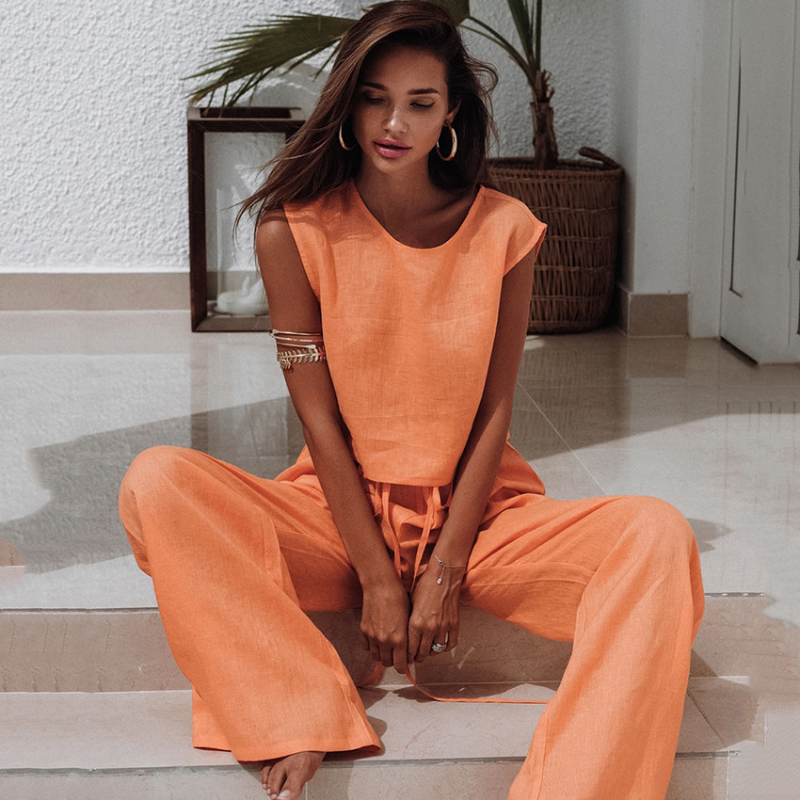 Orange Cotton Wide-Leg Sleeveless Pajama Set - front view