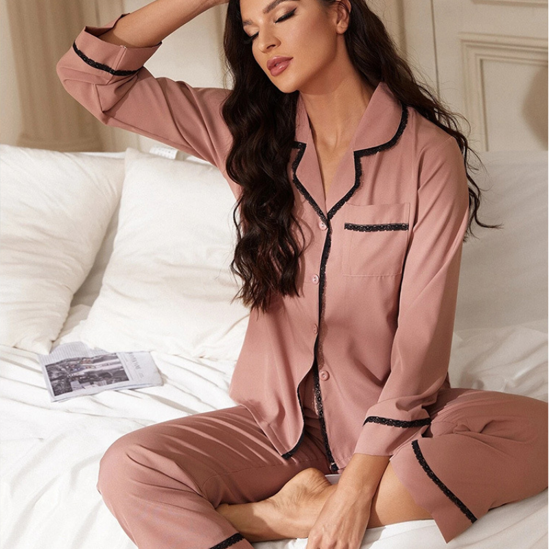 Peach Cotton Long Sleeve Pajama Set - model wearing