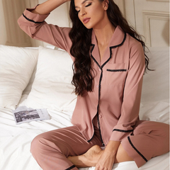 Peach Cotton Long Sleeve Pajama Set - model wearing