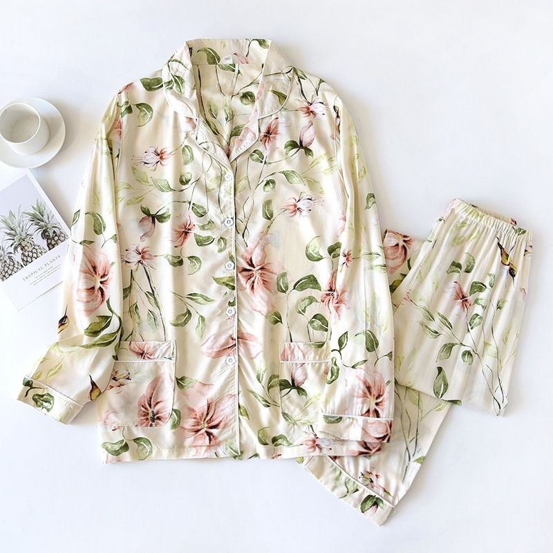 Pink Floral Off-White Pajama Set - front view