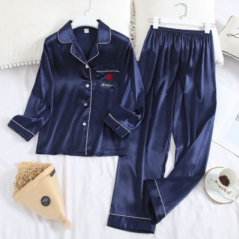 Navy Pocket Rose Silk Pajama Set - front view
