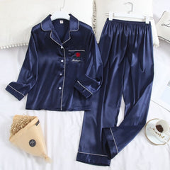 Navy Pocket Rose Silk Pajama Set - front view