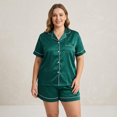 Emerald Luxe Plus Size Satin Pajama Shorts Set - front view