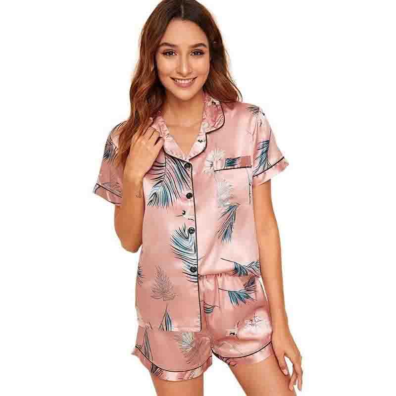 Printed Silk Shorts Pajama Set - front view