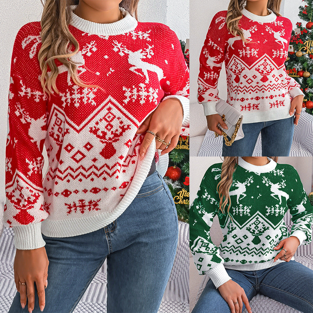Christmas Deer Print Long Sleeve Sweater - front view