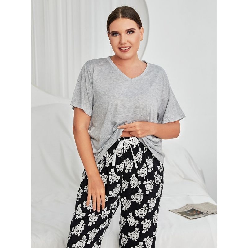 Rose Print Plus Size Pajama Set - front view