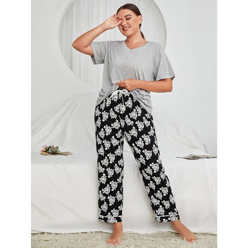 Rose Print Plus Size Pajama Set - model wearing