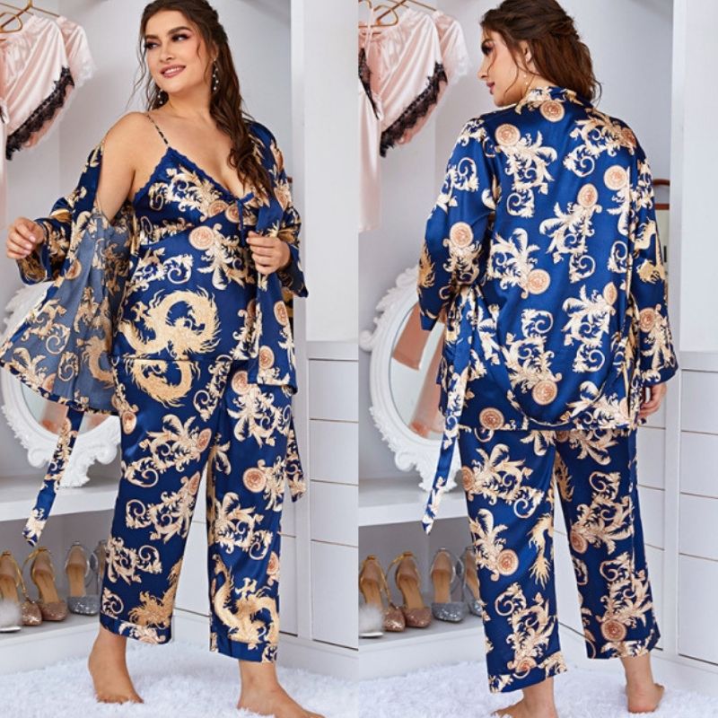 Royal Blue Printed 3-Piece Pajama Set - front view