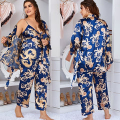 Royal Blue Printed 3-Piece Pajama Set - front view