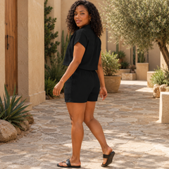 Women’s Textured Button-Front Blouse & Knotted Shorts Vacation Set - fabric detail