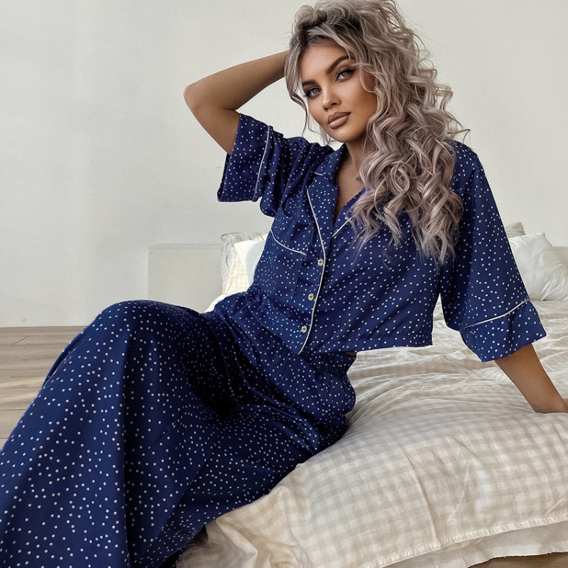 Polka Dot Wide-Leg Short Sleeve Pajama Set - back view