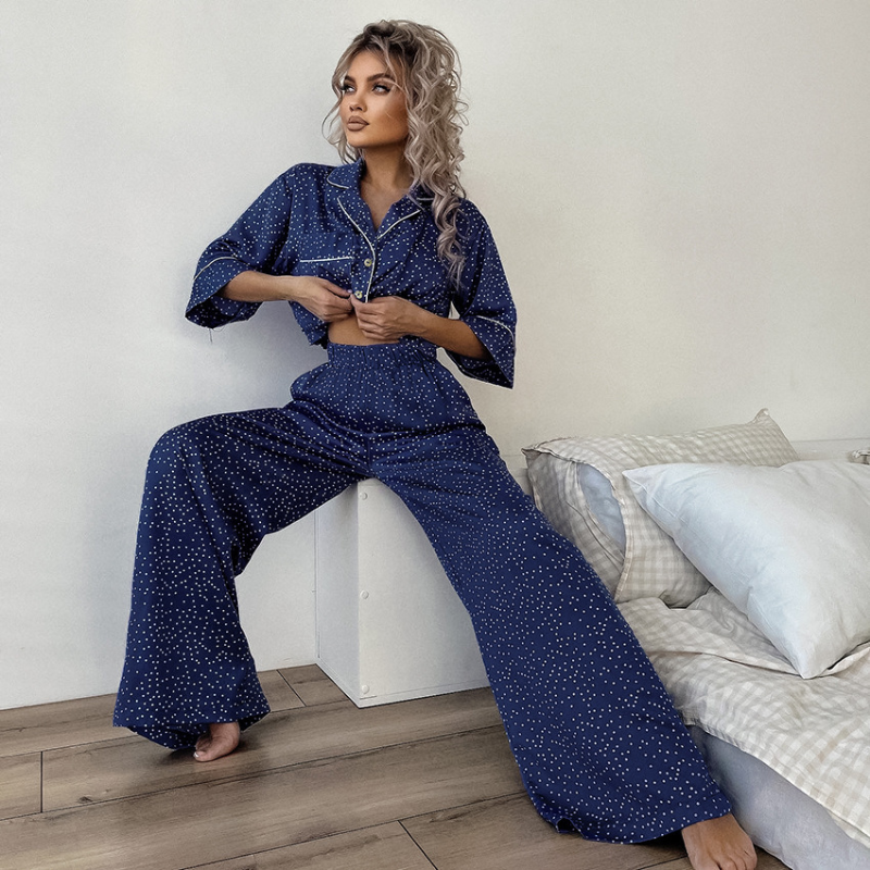 Polka Dot Wide-Leg Short Sleeve Pajama Set - lifestyle shot