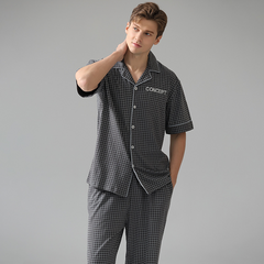 Men's Gray Plaid Short-Sleeve Pajama Set - model wearing