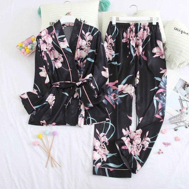 Silk Long Sleeve Nightgown & Trouser Set - front view