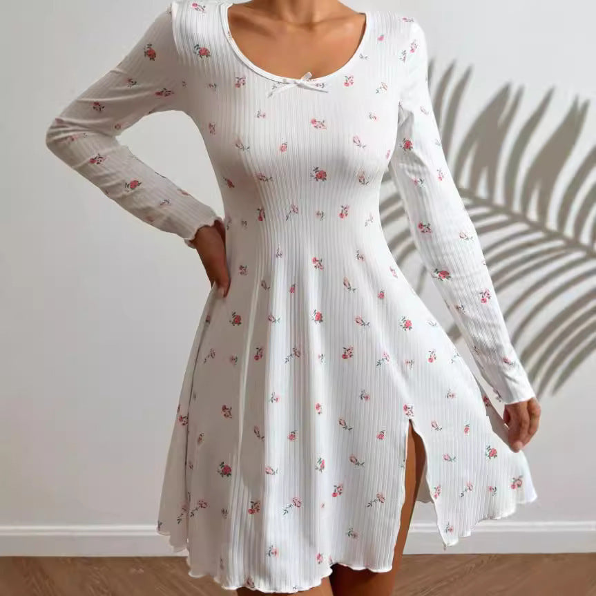 Women's Subtle Floral Long-Sleeve Ruffle Loungewear - front view