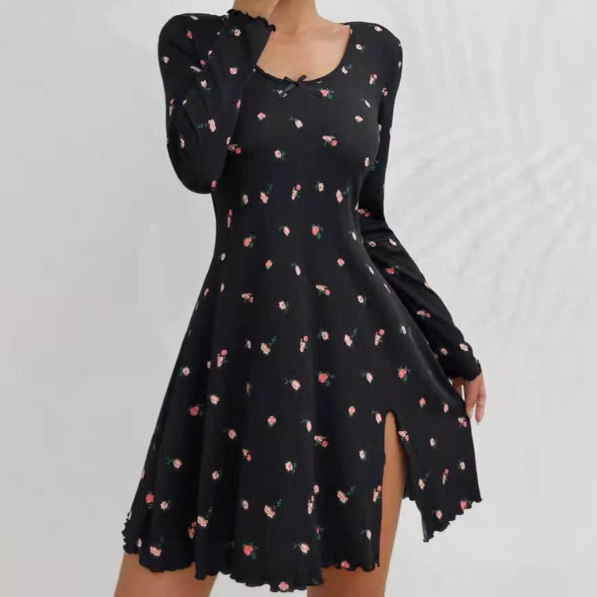 Women's Subtle Floral Long-Sleeve Ruffle Loungewear - back view