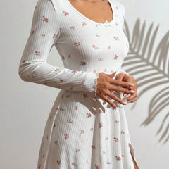 Women's Subtle Floral Long-Sleeve Ruffle Loungewear - model wearing