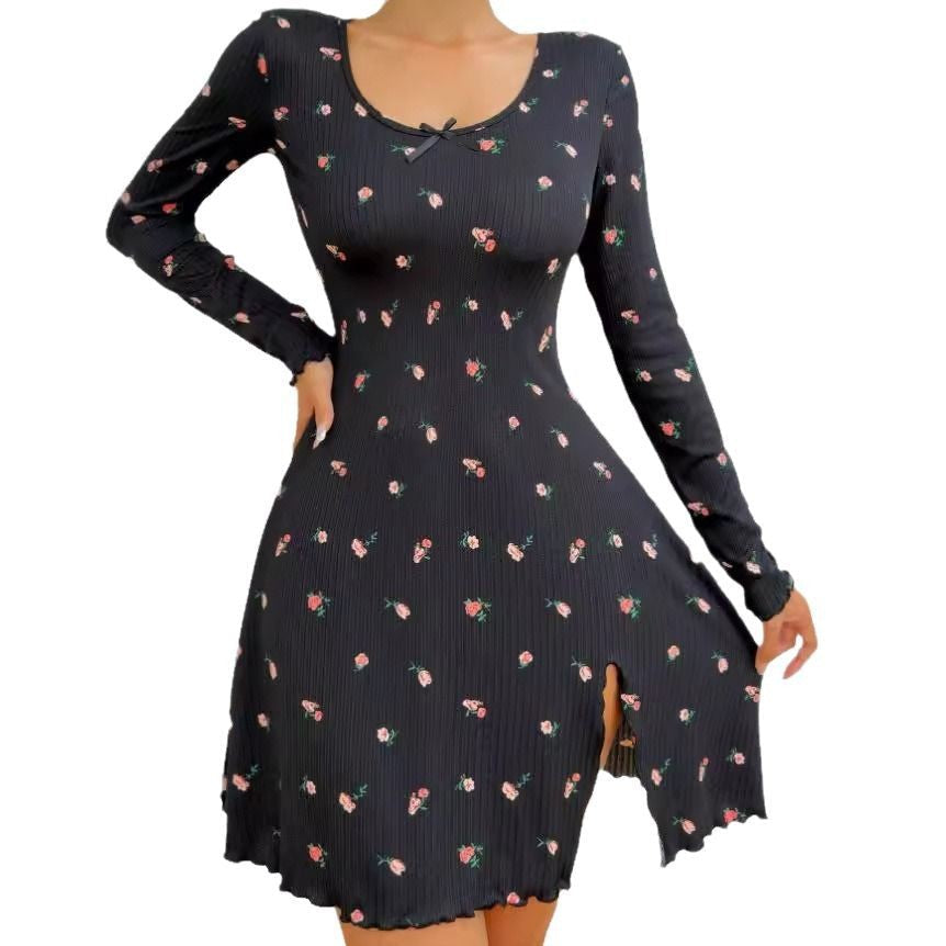 Women's Subtle Floral Long-Sleeve Ruffle Loungewear - side view