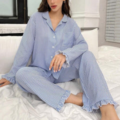Women's Striped Long-Sleeve Cardigan Pajama Set - front view