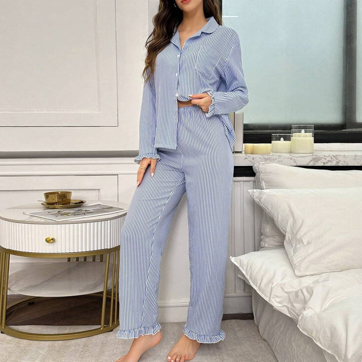 Women's Striped Long-Sleeve Cardigan Pajama Set - fabric detail