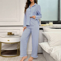 Women's Striped Long-Sleeve Cardigan Pajama Set - fabric detail