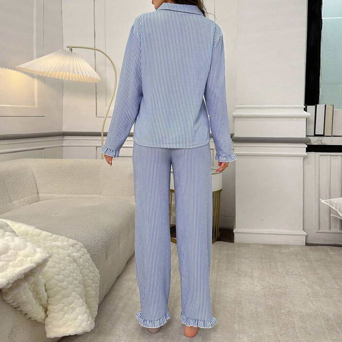 Women's Striped Long-Sleeve Cardigan Pajama Set - model wearing
