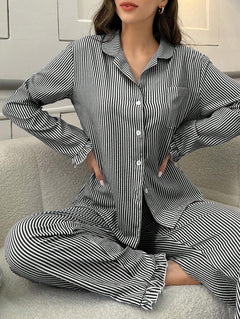 Women's Striped Long-Sleeve Cardigan Pajama Set - waistband detail