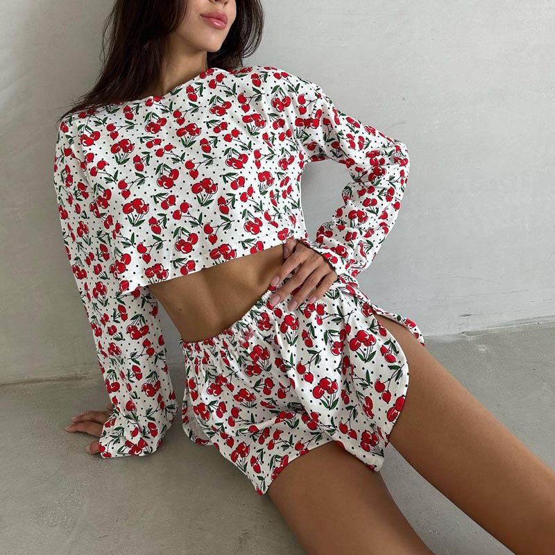 Women's Summer Printed Long-Sleeve Shorts Set - front view