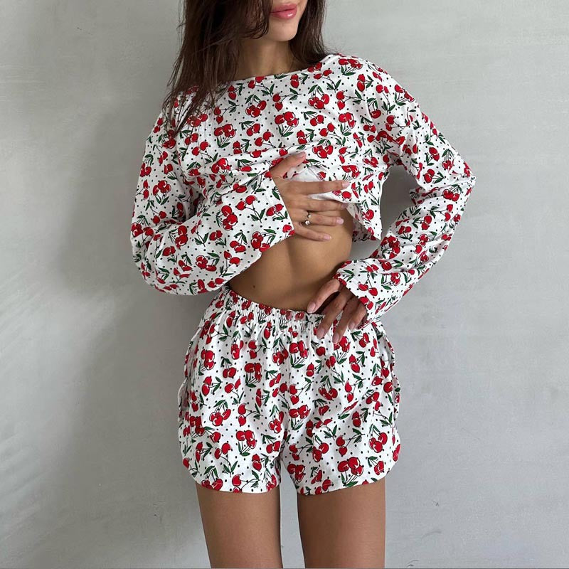Women's Summer Printed Long-Sleeve Shorts Set - back view