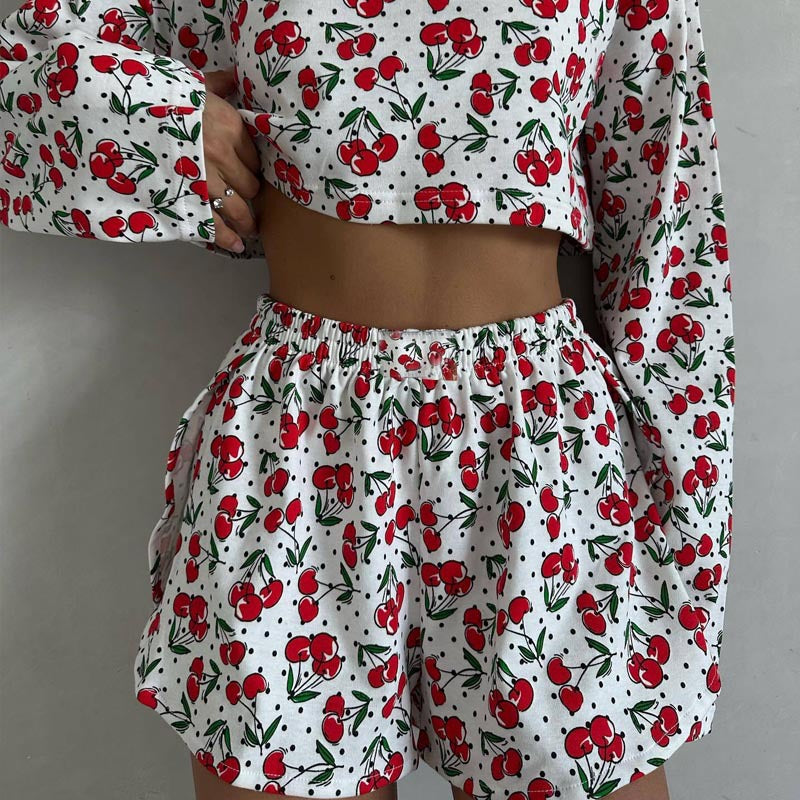 Women's Summer Printed Long-Sleeve Shorts Set - fabric detail