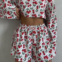 Women's Summer Printed Long-Sleeve Shorts Set - fabric detail
