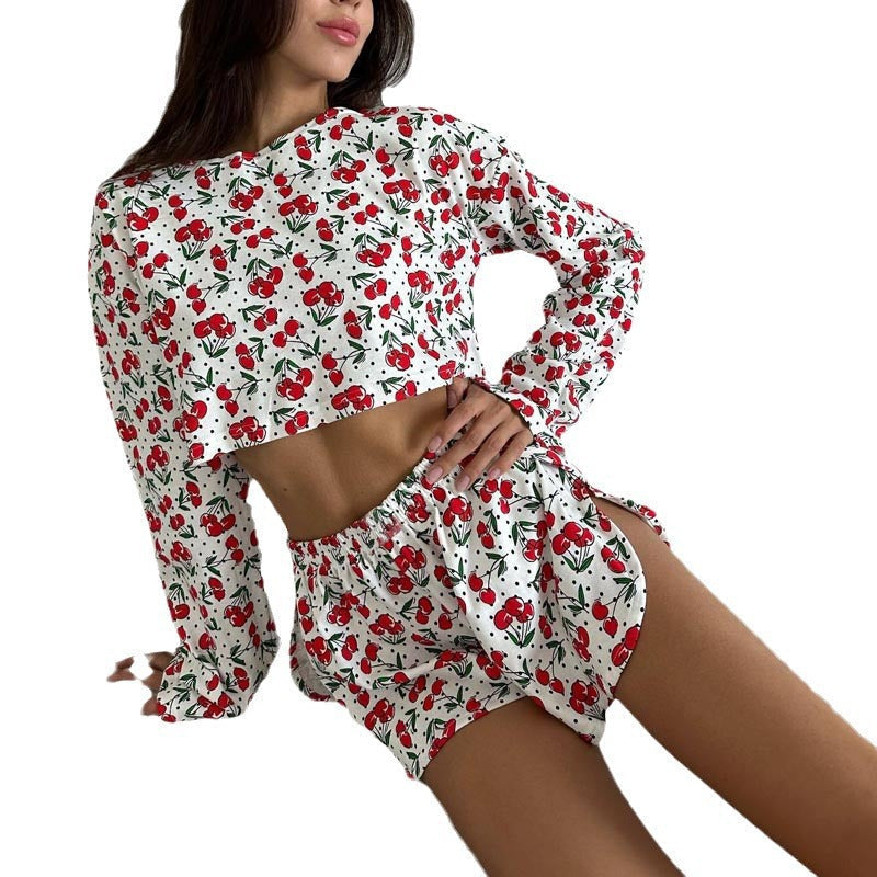 Women's Summer Printed Long-Sleeve Shorts Set - side view