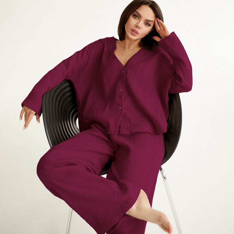 Women's 100% Cotton Wide-Leg Pajama Set - front view