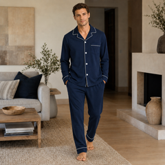 Men's Navy Cotton Button-Up Pajama Set - front view