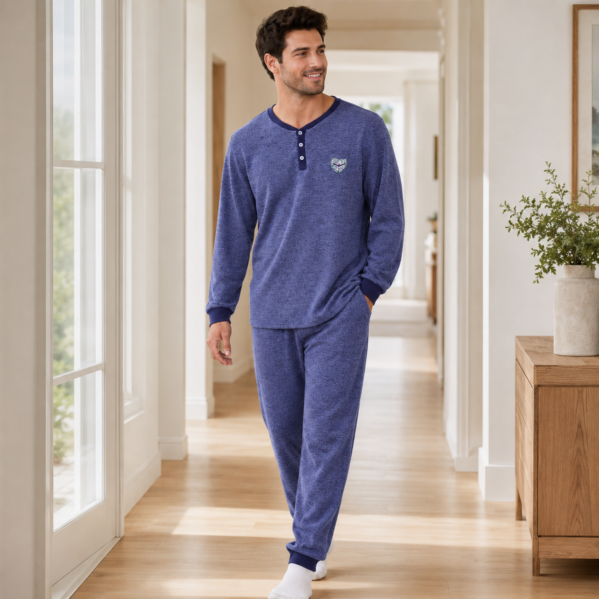 Men’s Navy Melange Henley Collar Pajama Set - fabric detail