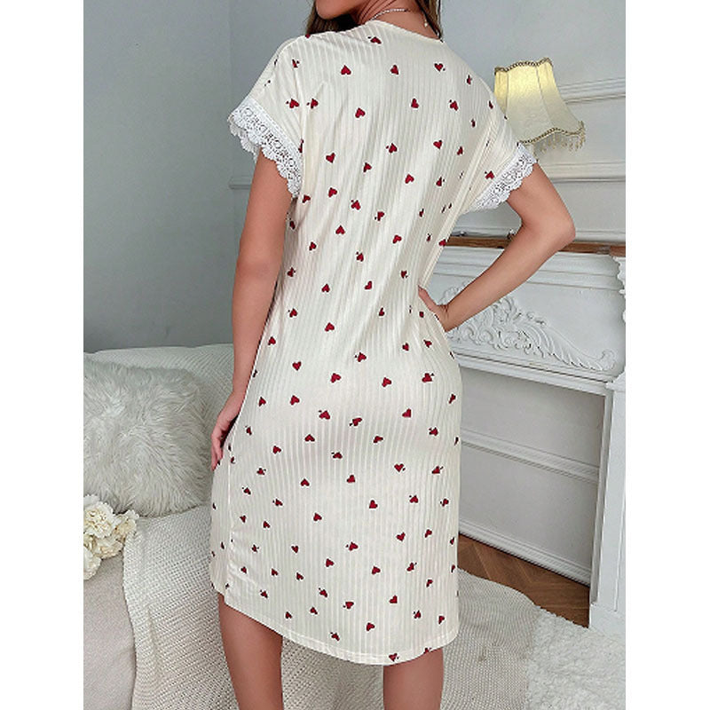 Women's V-Neck Heart Print Lace Cotton Loungewear - back view