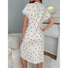 Women's V-Neck Heart Print Lace Cotton Loungewear - back view