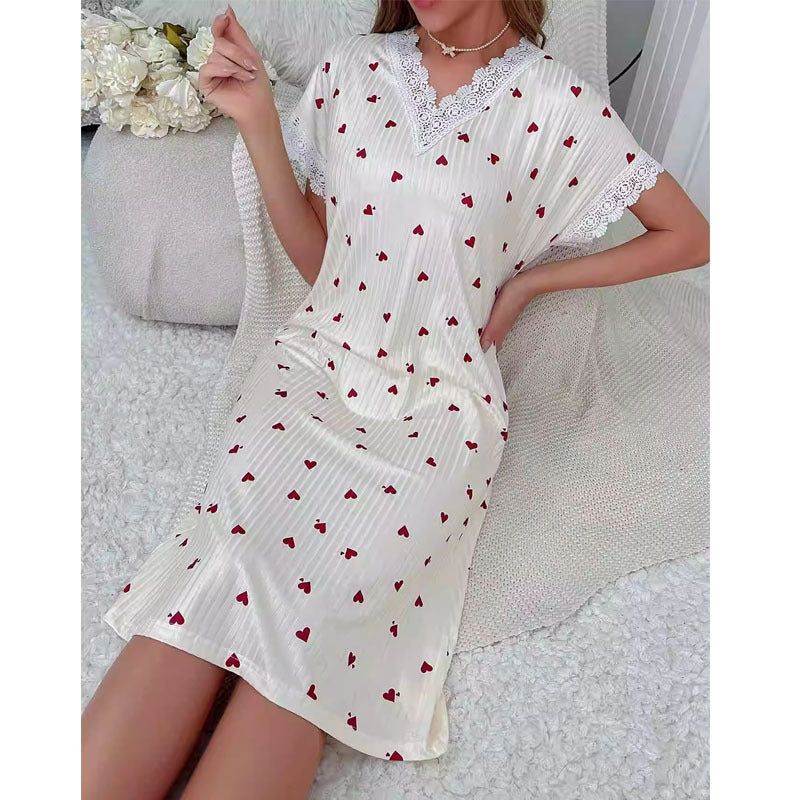 Women's V-Neck Heart Print Lace Cotton Loungewear - fabric detail