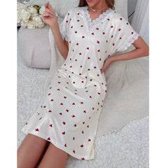 Women's V-Neck Heart Print Lace Cotton Loungewear - fabric detail