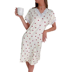 Women's V-Neck Heart Print Lace Cotton Loungewear - side view