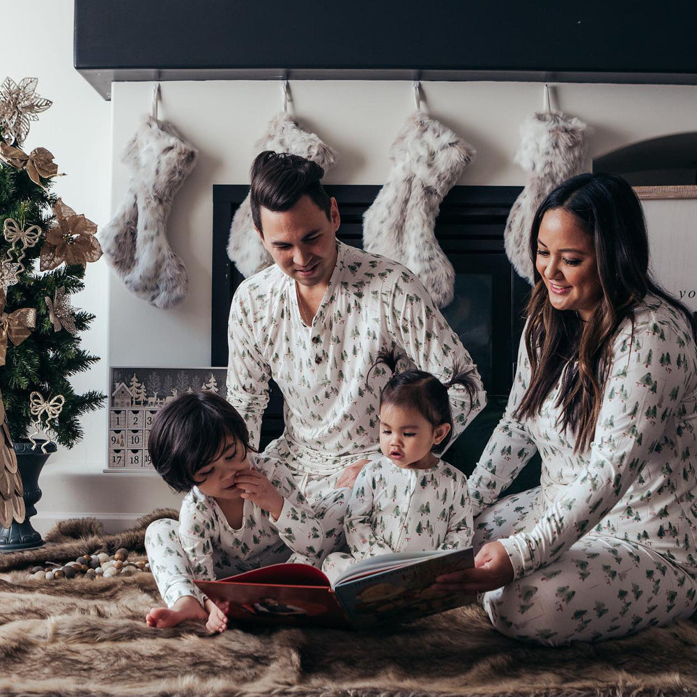 White Christmas Tree V-Neck Button Family Pajamas - model wearing