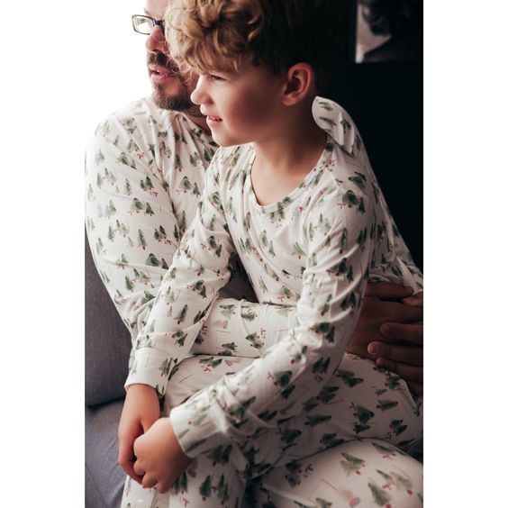White Christmas Tree V-Neck Button Family Pajamas - fabric detail