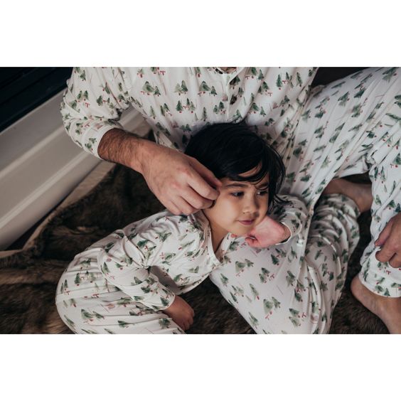 White Christmas Tree V-Neck Button Family Pajamas - flat lay