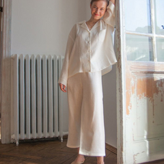 Women's White Cotton-Linen Wide-Leg Pajama Set - front view