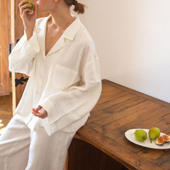 Women's White Cotton-Linen Wide-Leg Pajama Set - back view