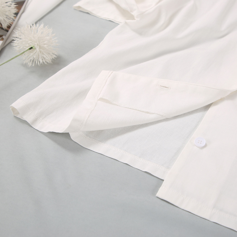 Women's White Cotton-Linen Wide-Leg Pajama Set - model wearing