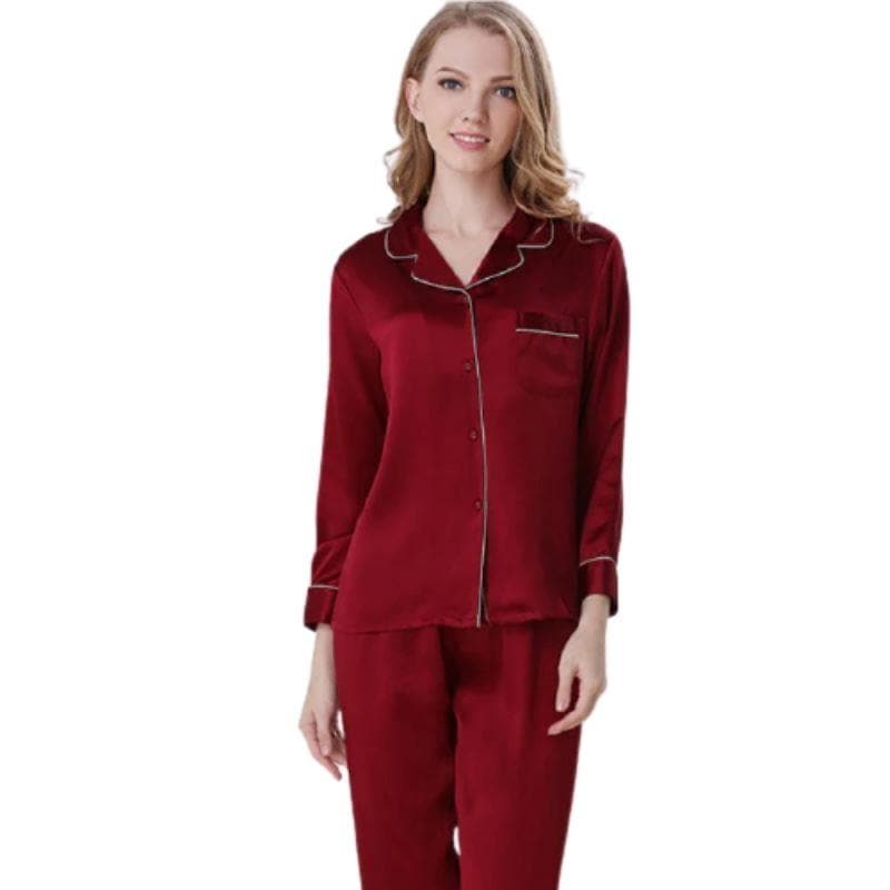Women's Wine Red Silk Pajama Set - front view