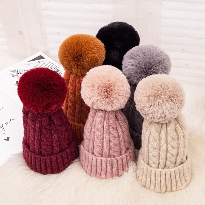 Women's Braided Beanie with Removable Pom-Pom - front view